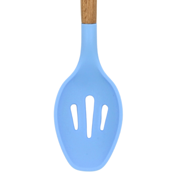 Cuchara Ranurada Rosa-Azul con mango de madera y punta de silicon@
