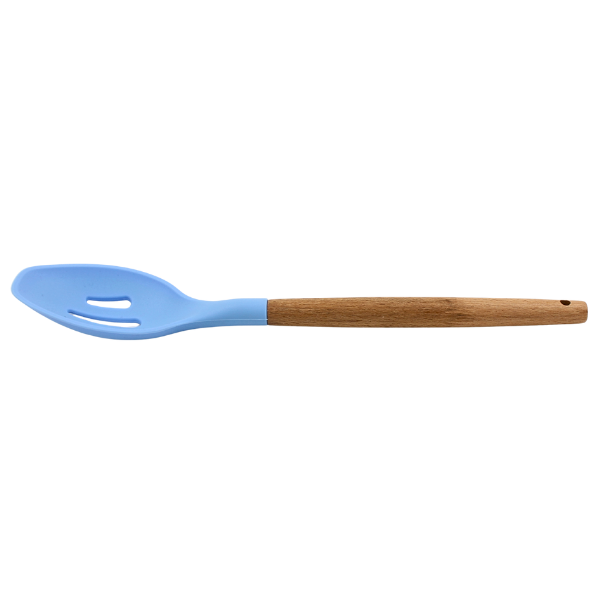 Cuchara Ranurada Rosa-Azul con mango de madera y punta de silicon@