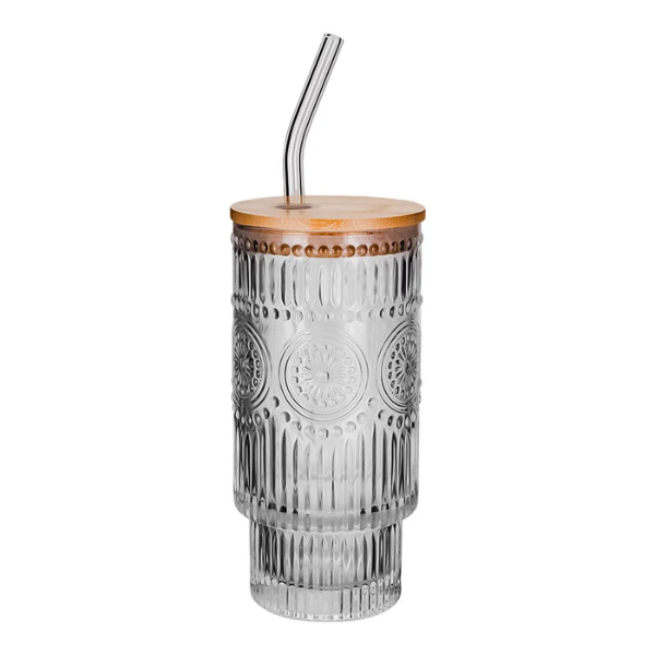 Juego de 2 vasos con tapa y popote 470 ml vidrio HSH MOD. ATH-922 (12)