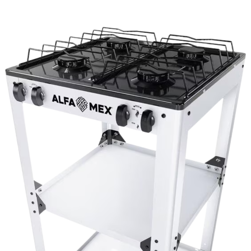 Parrilla de gas 4 quemadores con estante blanco armable con cubierta esmaltada AlfaMex