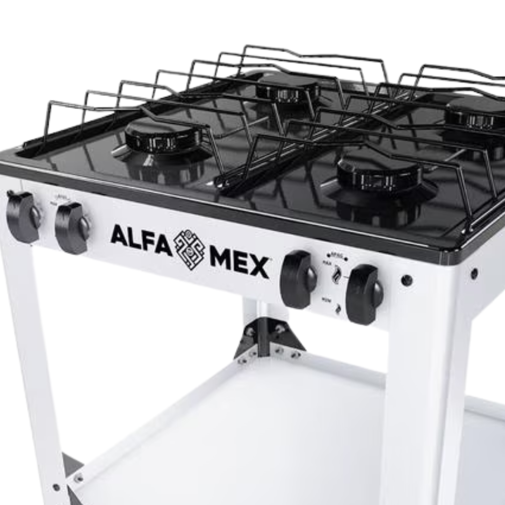 Parrilla de gas 4 quemadores con estante blanco armable con cubierta esmaltada AlfaMex