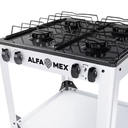 Parrilla de gas 4 quemadores con estante blanco armable con cubierta esmaltada AlfaMex