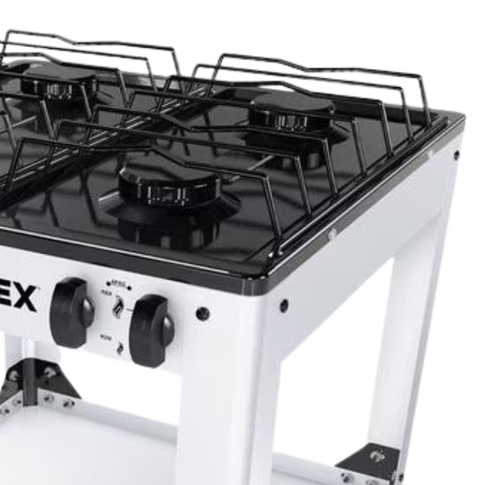 Parrilla de gas 4 quemadores con estante blanco armable con cubierta esmaltada AlfaMex
