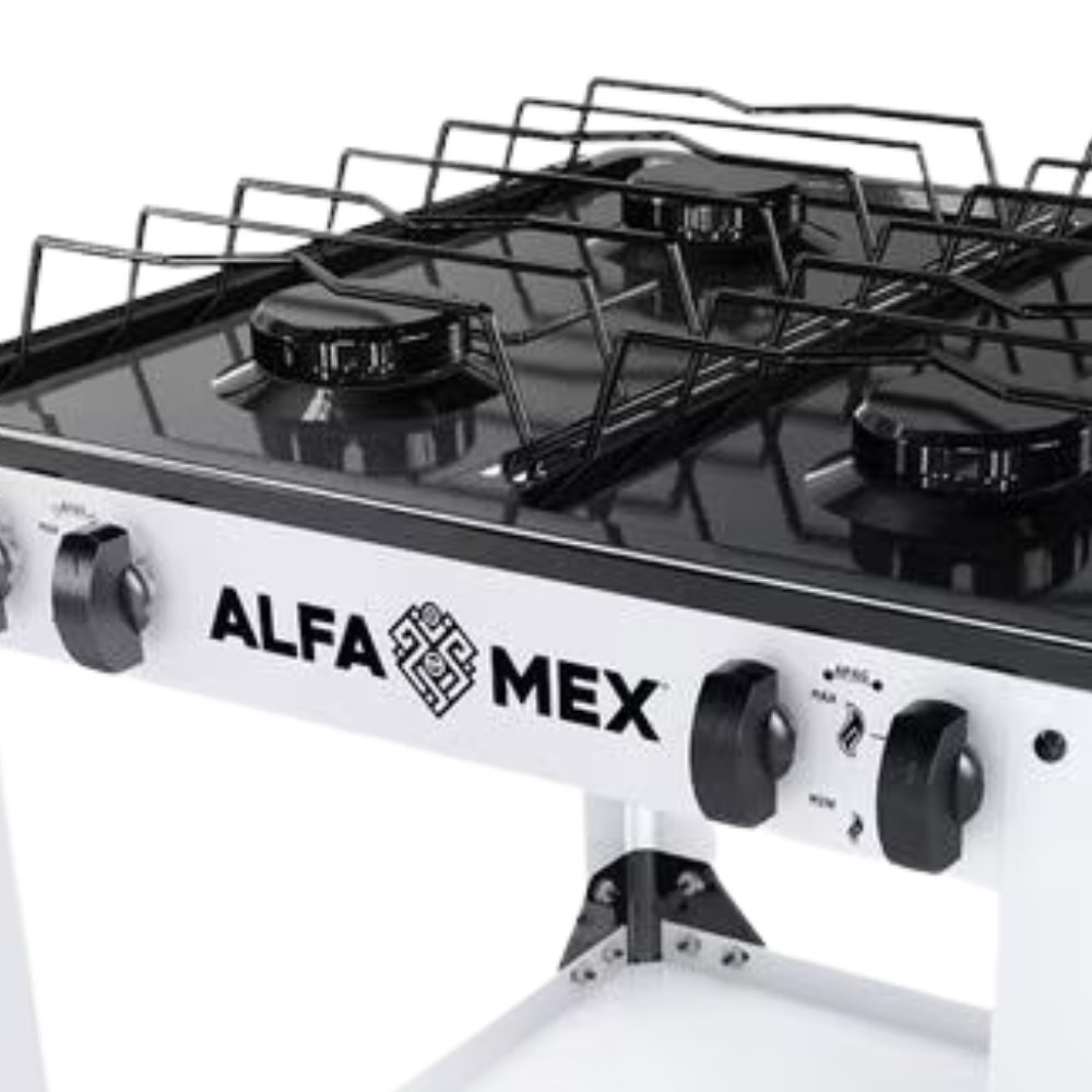 Parrilla de gas 4 quemadores con estante blanco armable con cubierta esmaltada AlfaMex