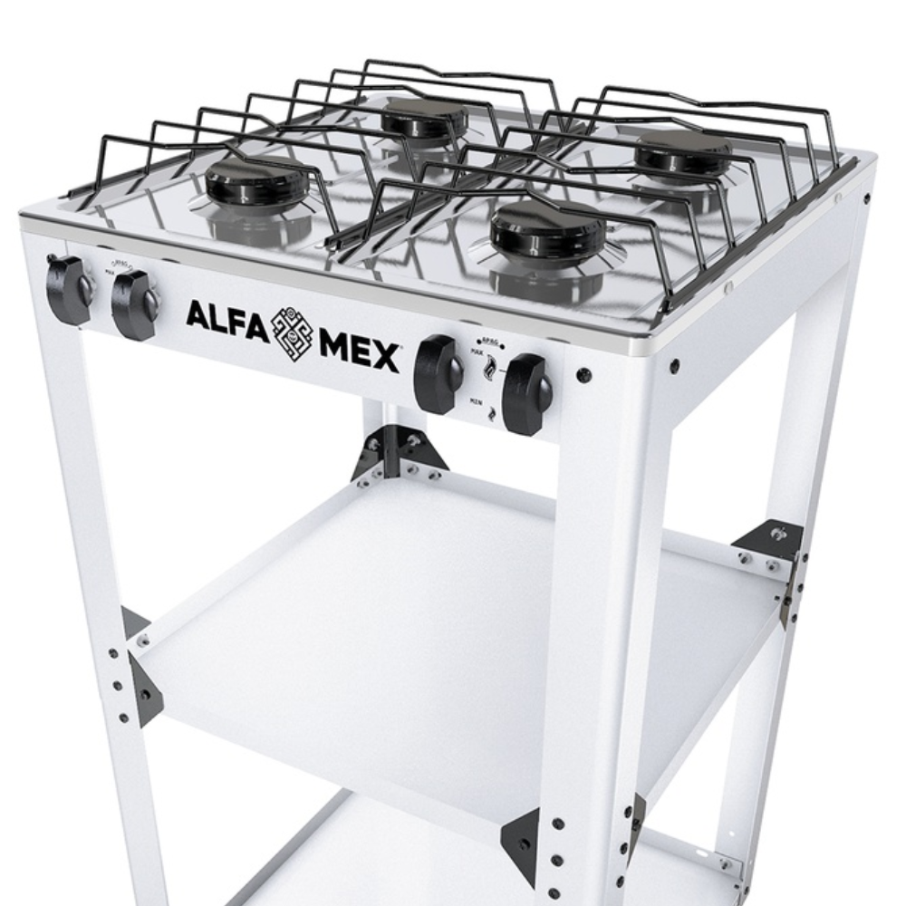 Parrilla de gas 4 quemadores con estante blanco armable con cubierta de  acero inoxidable AlfaMex