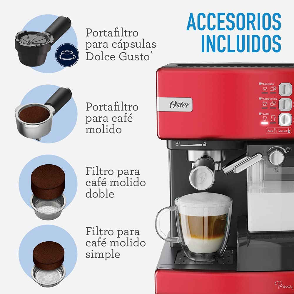 Cafetera automática de espresso roja Prima Latte Oster