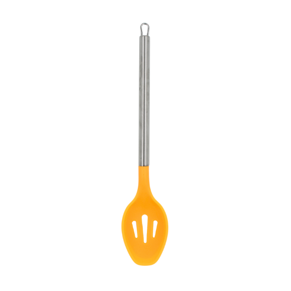 Cuchara Ranurada Naranja con mango de acero y punta de silicón