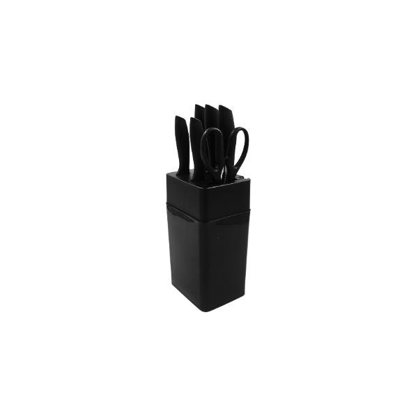 Bloque de cuchillos 7 pz Hoja acero inoxidable con recubrimiento antiadherente, mango ergonómico@