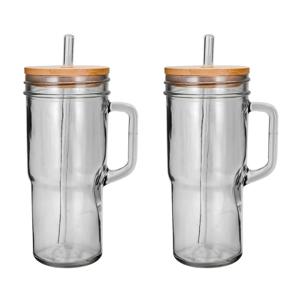 Juego de 2 vasos con tapa y popote 700 ml vidrio Home Sweet Home ATH-924 (12)
