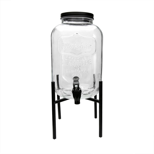 Despachador de bebidas de vidrio para 5 L con base de metal