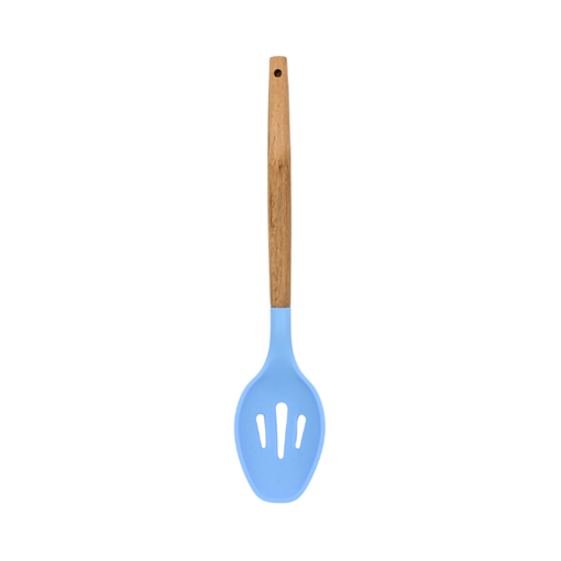[9990008] Cuchara Ranurada Rosa-Azul con mango de madera y punta de silicón@